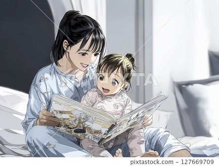 一位母親為孩子讀書的插圖素材 127669709