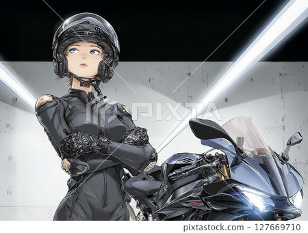 一位雙臂交叉的女騎手的特寫插圖 一位雙臂交叉的女騎手的特寫插圖 127669710