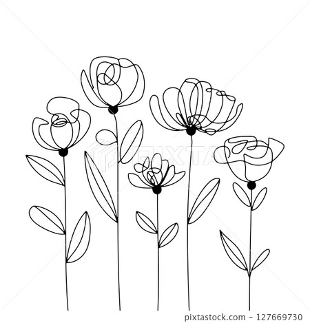 Soft Floral Outline. Light floral sketch combining natural curves and blooming elements in a balanced and elegant linear composition. 127669730