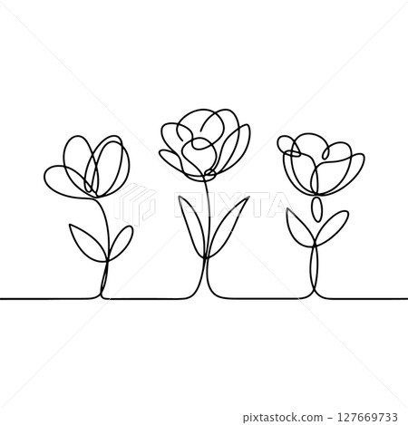 Natural Garden Linework. A stylized botanical trio with expressive petals and base line detail, ideal for organic-themed compositions. 127669733