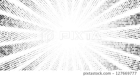 Dotted comic background with halftone pattern and radial rays. Pop art sunburst bg. Abstract manga vector backdrop. 127669777
