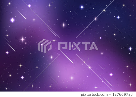 Starry night sky. Dark purple space. Vector magic universe illustration. Abstract winter gradient with sparkles and comets. Bright cosmic wallpaper with glitter. Outer space realistic backdrop 127669783