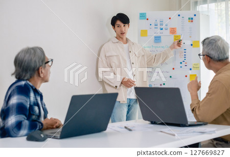 senior programmer bootcamlp,Asian young instructor guides senior learners through a programming on whiteboard, highlighting algorithm thinking and simple code exercises 127669827