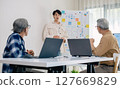senior programmer bootcamlp,Asian young instructor guides senior learners through a programming on whiteboard, highlighting algorithm thinking and simple code exercises 127669829