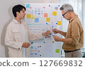senior programmer bootcamlp,Asian young instructor guides senior learners through a programming on whiteboard, highlighting algorithm thinking and simple code exercises 127669832