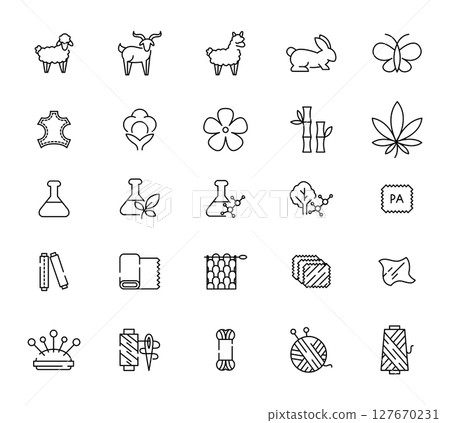 Fabric material line icon set. Linen, leather, cotton, bamboo, cashmere, mohair minimal vector illustration. Simple outline sign for clothing textile feature. Pixel Perfect, Editable Stroke Fabric material line icon set. Linen, leather, cotton, bamboo, cashmere, mohair minimal vector illustration. Simple outline sign for clothing textile feature. Pixel Perfect, Editable Stroke 127670231
