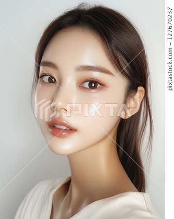 Bright and fresh Korean beauty with glowing skin and natural makeup in a clean setting Bright and fresh Korean beauty with glowing skin and natural makeup in a clean setting 127670237