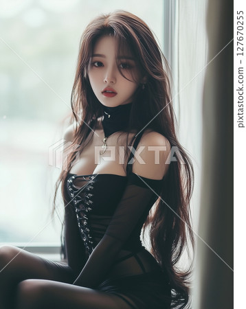 Korean woman in elegant black outfit posing by the window in a softly lit room, embodying a blend of fashion and grace 127670255