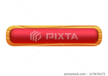 Wooden game button, menu interface made of wood textured boards with ropes and vines. ui or gui graphic design element. Isolated bar and key for app user panel, Cartoon 2d vector icon 127670272