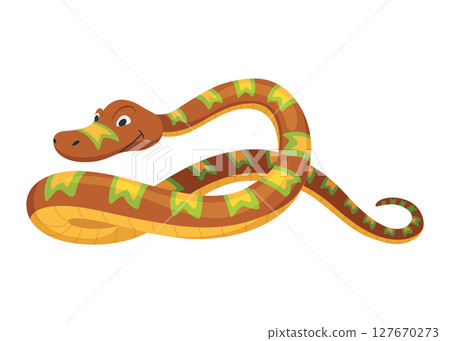 Cartoon color snake. Cute smiling animal, funny reptile of wild tropical nature. Flat vector isolated illustrations for kids design Cartoon color snake. Cute smiling animal, funny reptile of wild tropical nature. Flat vector isolated illustrations for kids design 127670273