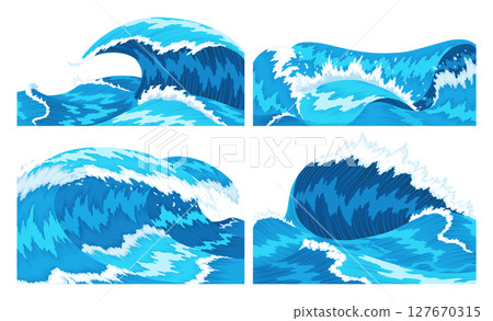 Ocean waves. Four scenes of blue sea or ocean waves with spray, foam on crest. Splash water, marine sea storm element, vector illustration Ocean waves. Four scenes of blue sea or ocean waves with spray, foam on crest. Splash water, marine sea storm element, vector illustration 127670315