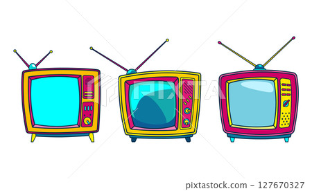 Comic retro tv icon in pop art retro comic style. Cartoon vintage 70s, 80s television. Vector illustration Comic retro tv icon in pop art retro comic style. Cartoon vintage 70s, 80s television. Vector illustration 127670327