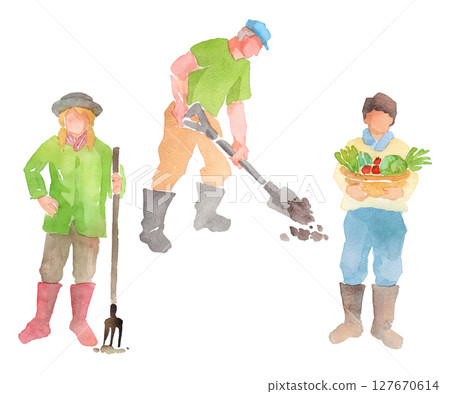 一組從事農業工作的人的水彩畫 127670614