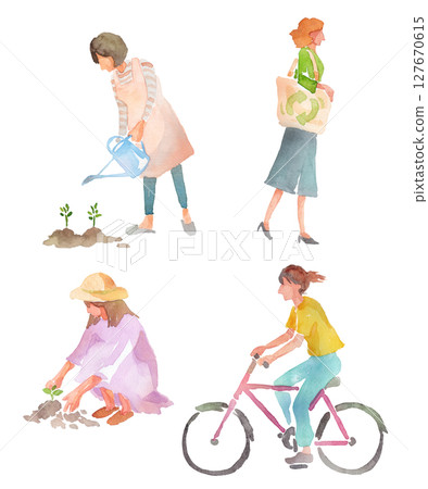 Watercolor set of people living an ecological life 127670615
