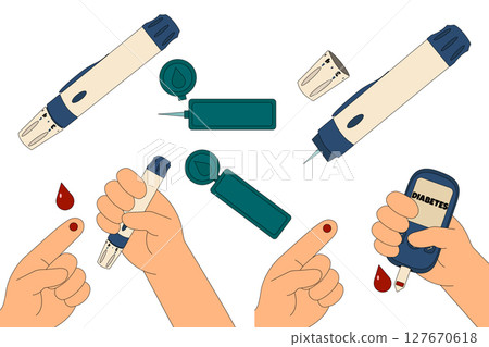 Set of diabetes blood sugar testing concept with lancet device, glucose meter, and finger prick for monitoring glucose levels. Flat vector medical illustration isolated. Chronic illness, healthcare. 127670618