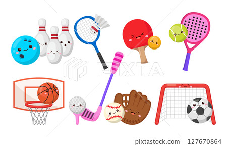 Cute Sports Ball and Equipment Set with Kawaii Faces 127670864