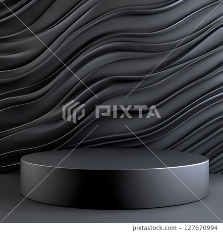 Modern black podium with wavy volumetric background. Generative AI 127670994