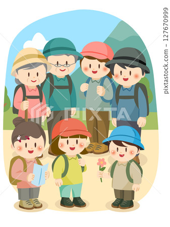 Illustration of a three-generation family enjoying mountain climbing, Three-Generation Family Enjoying Illustration of a three-generation family enjoying mountain climbing, Three-Generation Family Enjoying 127670999