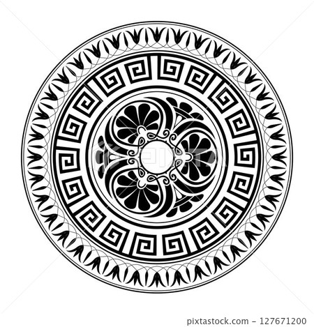 Greek black round ornament on white background. Round ornament with Greek key meanders. Greek key. Greek vector pattern. Typical egyptian, assyrian motives, circle border. Vector illustration 127671200