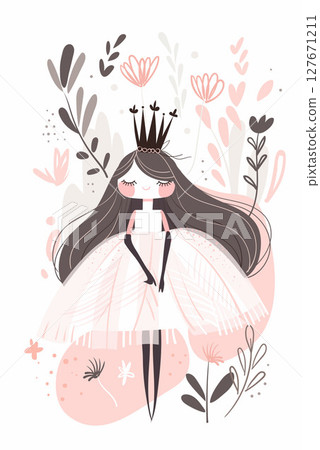 Princess, Cute teenage girl in fancy dress and long hair, flat cartoon vector illustration for print. Print for kids room, t-shirts, minimalistic design. 127671211
