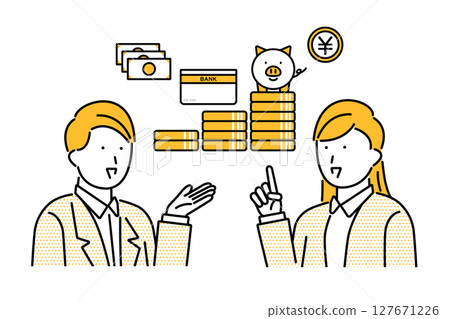Illustration of a young couple discussing money matters 127671226