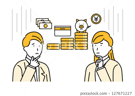 Illustration of a young couple feeling anxious about money 127671227