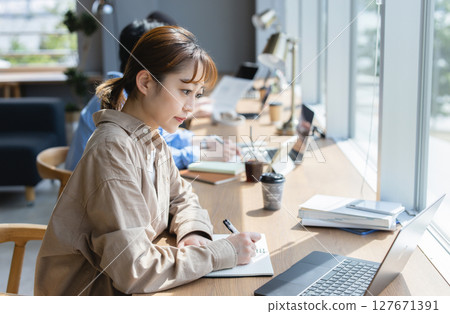 A woman working in a cafe A woman working in a cafe 127671391