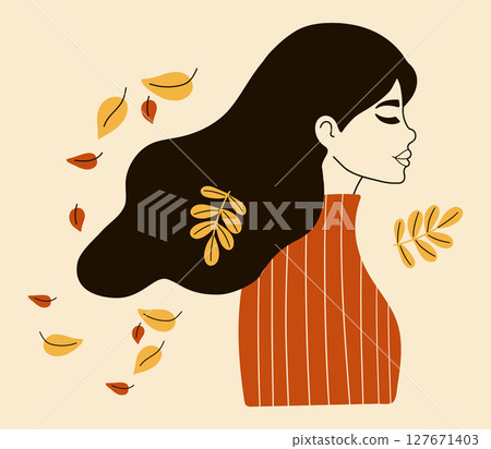 Cute Woman with Autumn Leaves. Minimalist Female Autumnal Portrait. Line hand drawing. Vector illustration 127671403