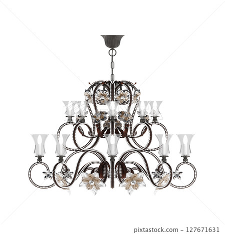 chandelier on the ceiling isolated on transparent background, hanging lamp, pendant light, 3D illustration, cg render 127671631