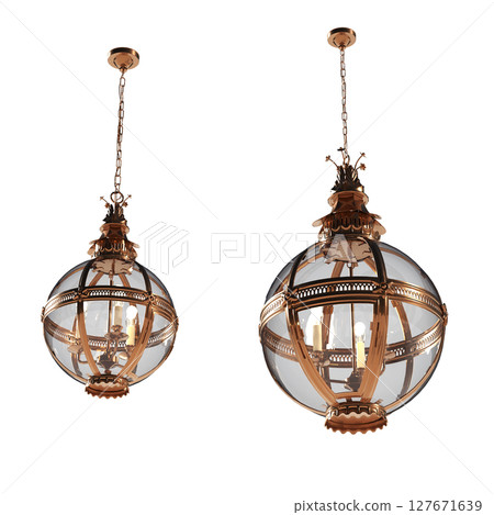 chandelier on the ceiling isolated on transparent background, hanging lamp, pendant light, 3D illustration, cg render 127671639