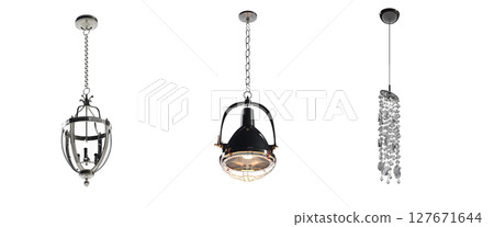 chandelier on the ceiling isolated on transparent background, hanging lamp, pendant light, 3D illustration, cg render 127671644