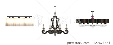 chandelier on the ceiling isolated on transparent background, hanging lamp, pendant light, 3D illustration, cg render 127671651