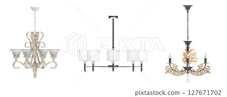 chandelier on the ceiling isolated on transparent background, hanging lamp, pendant light, 3D illustration, cg render 127671702