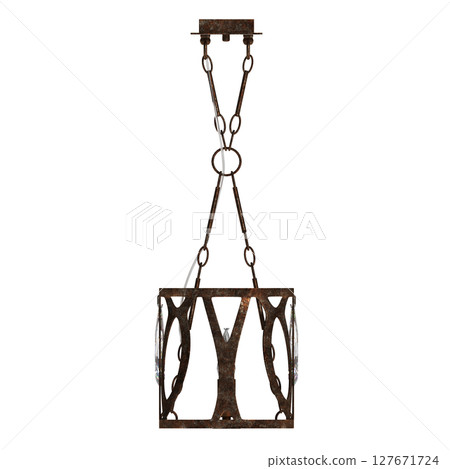 chandelier on the ceiling isolated on transparent background, hanging lamp, pendant light, 3D illustration, cg render 127671724