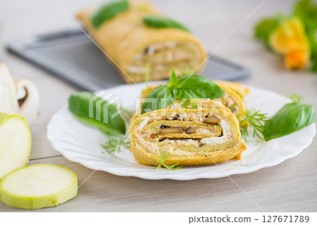 Healthy vegetable roll with cheese and mushrooms Healthy vegetable roll with cheese and mushrooms 127671789