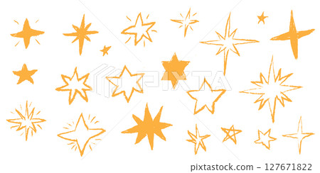 Pastel hand drawn stars with crayon and chalk texture. Cute sketch icon pattern with pencil lines and marker strokes. Vector twinkle sparkle elements like magic fireworks or comet shapes. 127671822