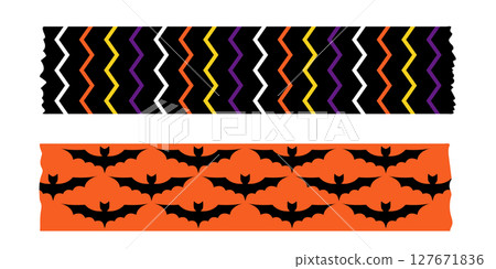 Halloween masking tape set in festive purple orange and black colors. Cute washi tape borders with spiders bats and pumpkins. Vector elements for wrapping crafts scrapbooking and decorations. Halloween masking tape set in festive purple orange and black colors. Cute washi tape borders with spiders bats and pumpkins. Vector elements for wrapping crafts scrapbooking and decorations. 127671836
