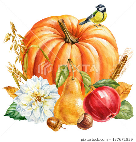 Thanksgiving pumpkin with red apple pear tit bird dahlia wheat and autumn leaves watercolor clipart for seasonal designs 127671839