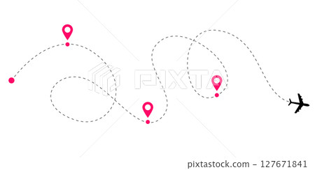 Flight tracking line set with dotted and dashed airplane routes showing global travel paths and aircraft navigation trails for aviation network design and plane journey vector maps 127671841