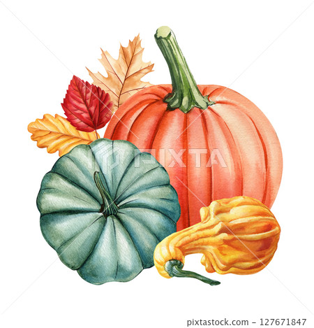 Watercolor pumpkins still life with green blue gourd, fall leaves autumn harvest seasonal Thanksgiving decor clipart garden design 127671847