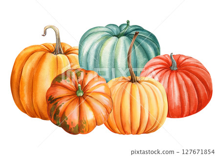 Rustic autumn pumpkins in orange teal and coral watercolor variety for thanksgiving and seasonal decor designs, poster, print art 127671854