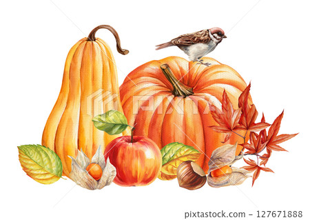 Autumn pumpkins and apple with sparrow chestnuts physalis and red maple leaves watercolor seasonal harvest clipart 127671888