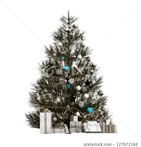 Christmas tree with decorations, isolate on a transparent background, 3d illustration, cg render 127672168