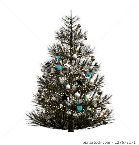 Christmas tree with decorations, isolate on a transparent background, 3d illustration, cg render Christmas tree with decorations, isolate on a transparent background, 3d illustration, cg render 127672171