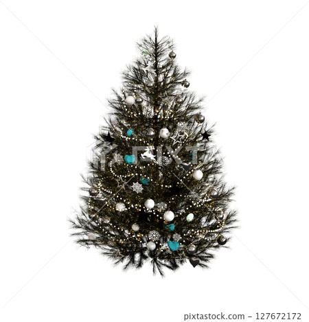 Christmas tree with decorations, isolate on a transparent background, 3d illustration, cg render 127672172