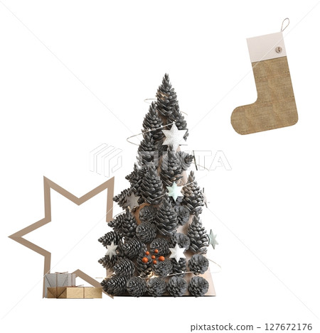 Christmas tree with decorations, isolate on a transparent background, 3d illustration, cg render Christmas tree with decorations, isolate on a transparent background, 3d illustration, cg render 127672176