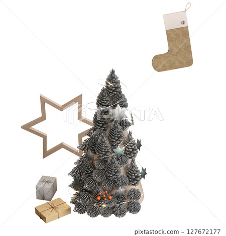Christmas tree with decorations, isolate on a transparent background, 3d illustration, cg render 127672177