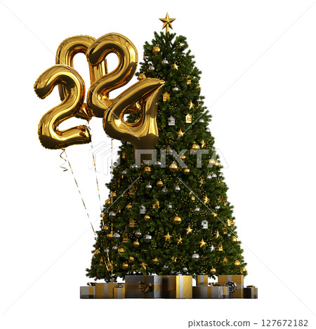 Christmas tree with decorations, isolate on a transparent background, 3d illustration, cg render 127672182