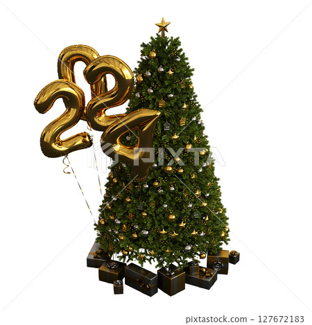 Christmas tree with decorations, isolate on a transparent background, 3d illustration, cg render Christmas tree with decorations, isolate on a transparent background, 3d illustration, cg render 127672183