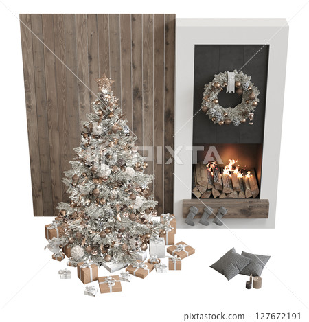 Christmas tree with decorations, isolate on a transparent background, 3d illustration, cg render Christmas tree with decorations, isolate on a transparent background, 3d illustration, cg render 127672191